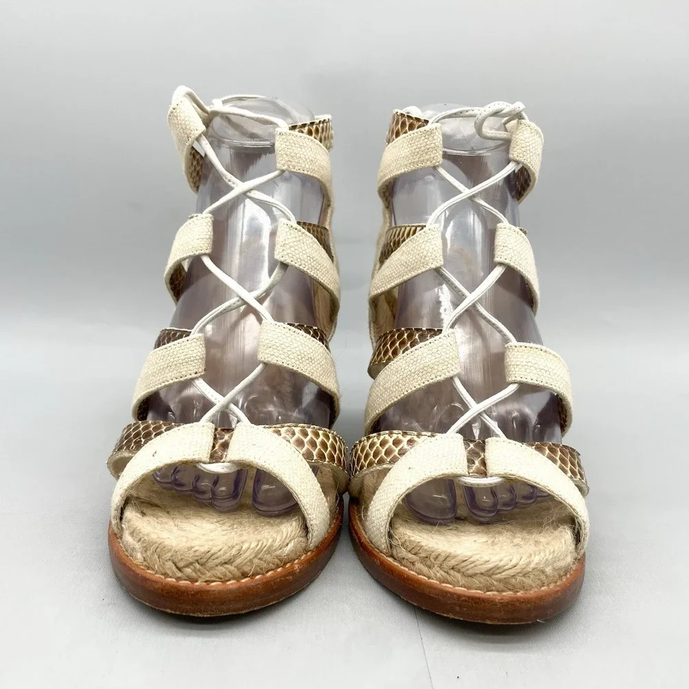 Paul Andrew Womens 40 10 Gladiator Sandals Shoes Snake Print Ivory Wedge Lace Up_2